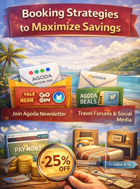 Agoda booking strategies showing how to save money by booking on weekdays, using loyalty points, and comparing room types