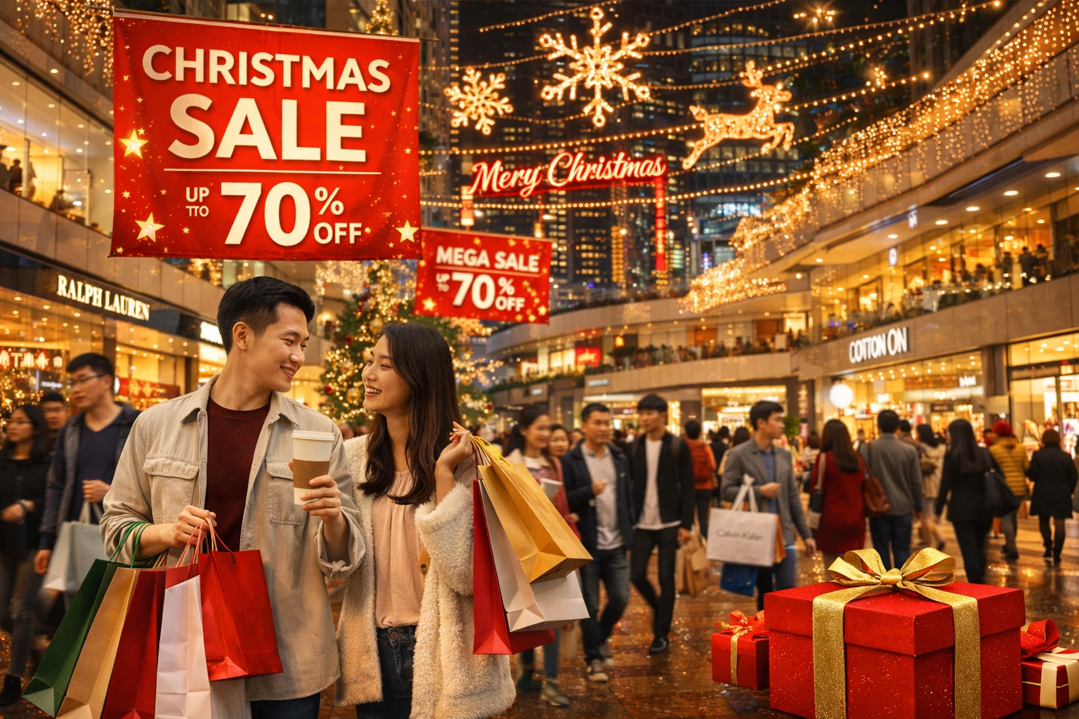Shoppers enjoying Christmas sales in a Hong Kong mall with festive decorations and big discounts in 2025