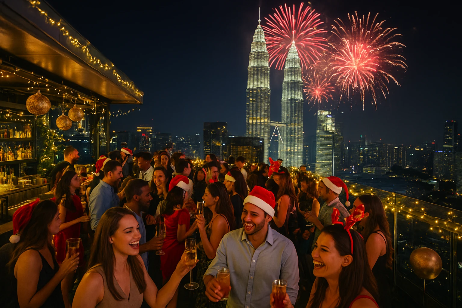 People celebrating festive rooftop party in Kuala Lumpur with fireworks and Petronas Twin Towers view