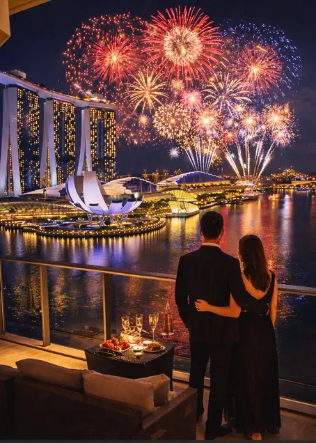 Couple watching New Year’s Eve fireworks from a luxury hotel balcony in Singapore