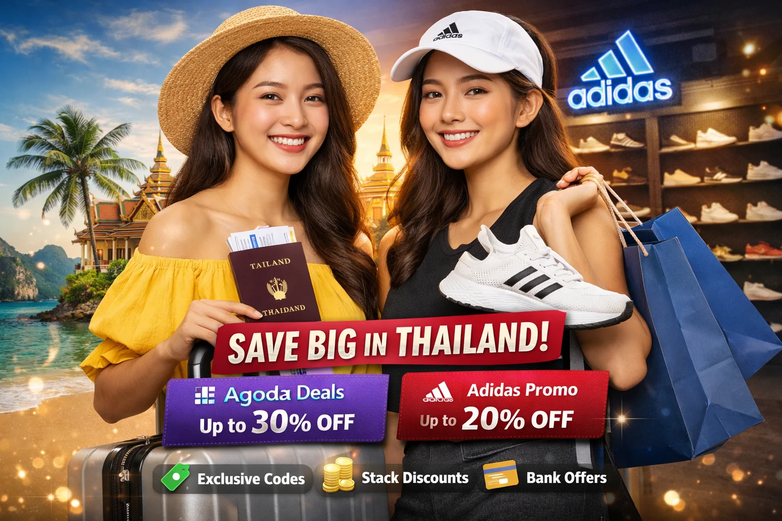 Agoda and Adidas discount codes Thailand 2026 featuring two women saving on hotel bookings and sportswear shopping