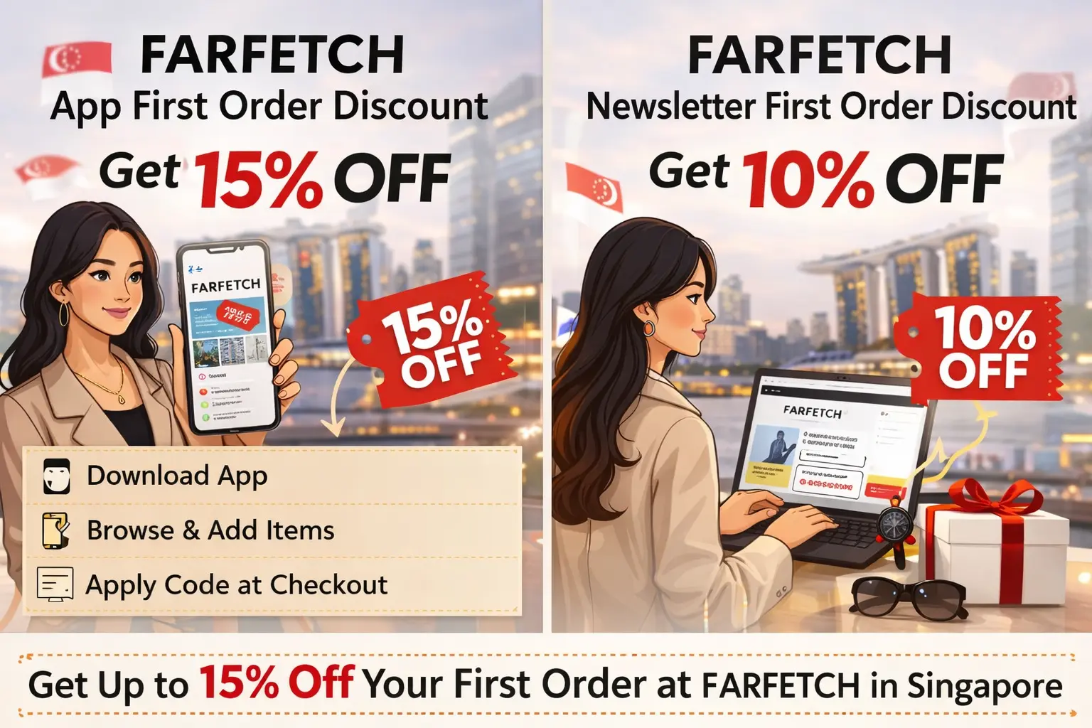 FARFETCH first order discount Singapore showing 15% app discount and 10% newsletter signup offer for new customers.