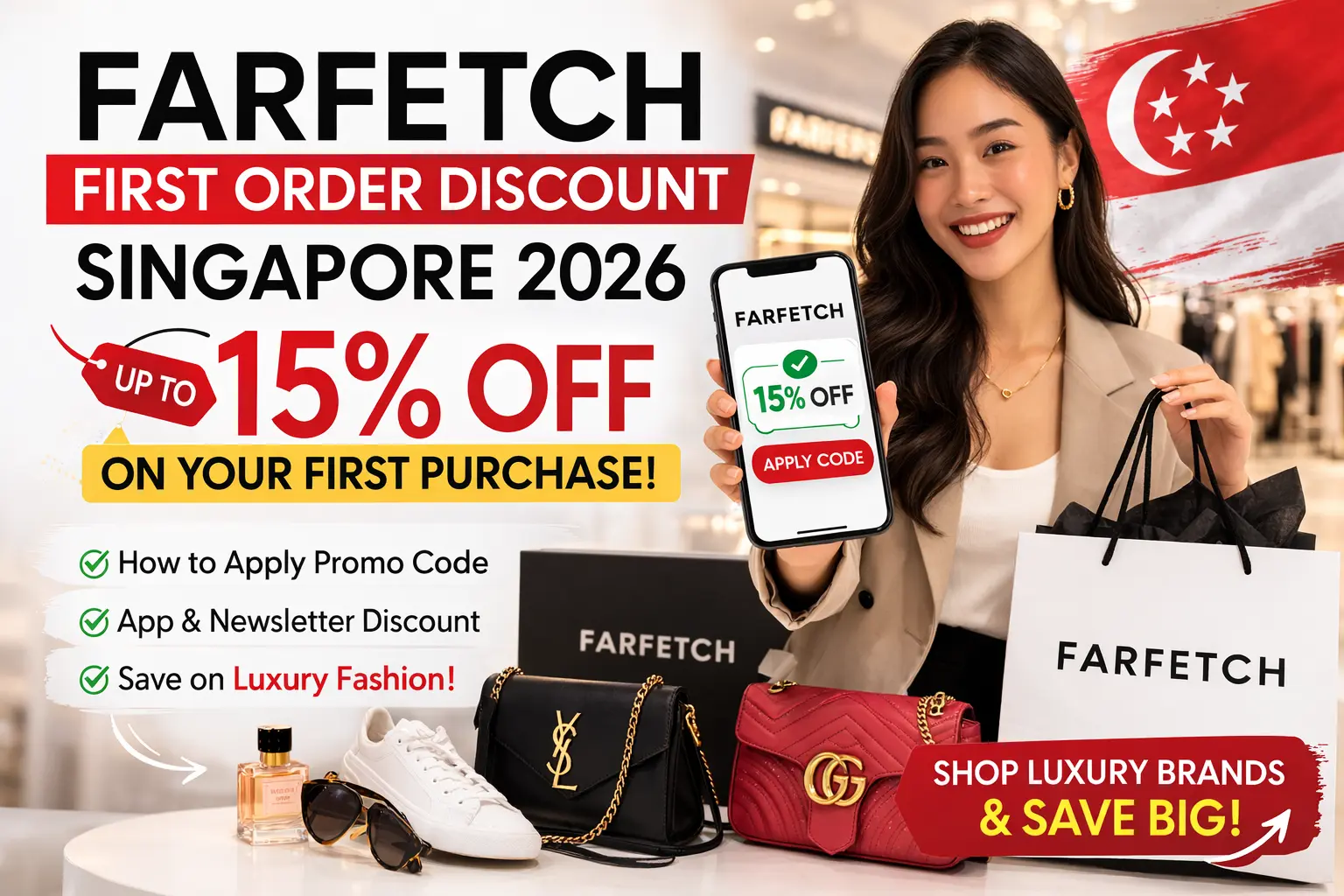 FARFETCH first order discount Singapore showing up to 15% off for new customers using the app or promo code