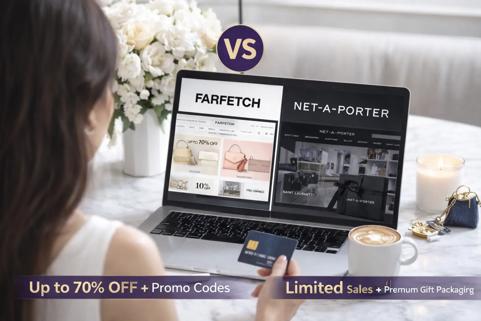 FARFETCH vs Net-a-Porter Hong Kong comparison showing FARFETCH discounts up to 70% with promo codes and Net-a-Porter premium packaging and limited sales.