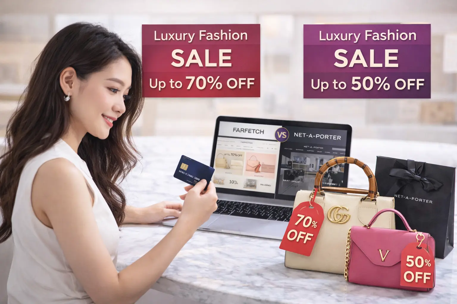 Woman shopping for luxury designer handbags online while comparing Farfetch and Net-a-Porter deals and discounts.