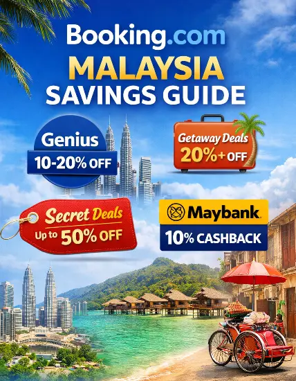 Booking.com Malaysia deals with Genius discounts, Secret Deals up to 50% off, Maybank cashback and travel offers for Kuala Lumpur, Langkawi and Penang
