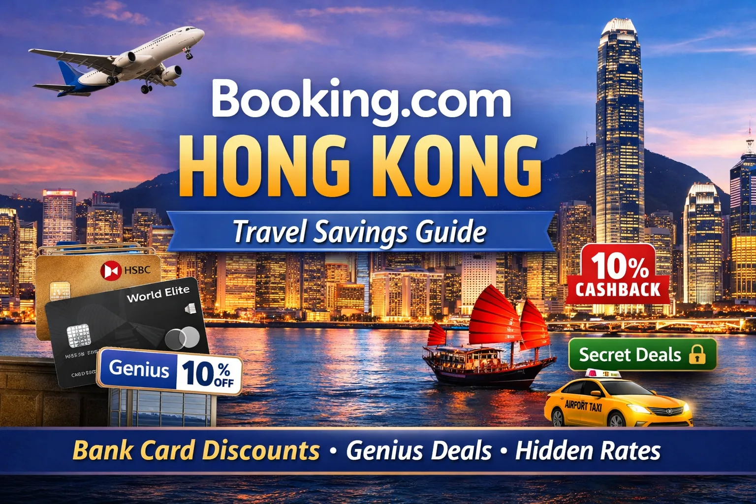 Hong Kong hotel cashback deals using Mastercard and HSBC cards on Booking.com with travel savings, passport, and skyline view