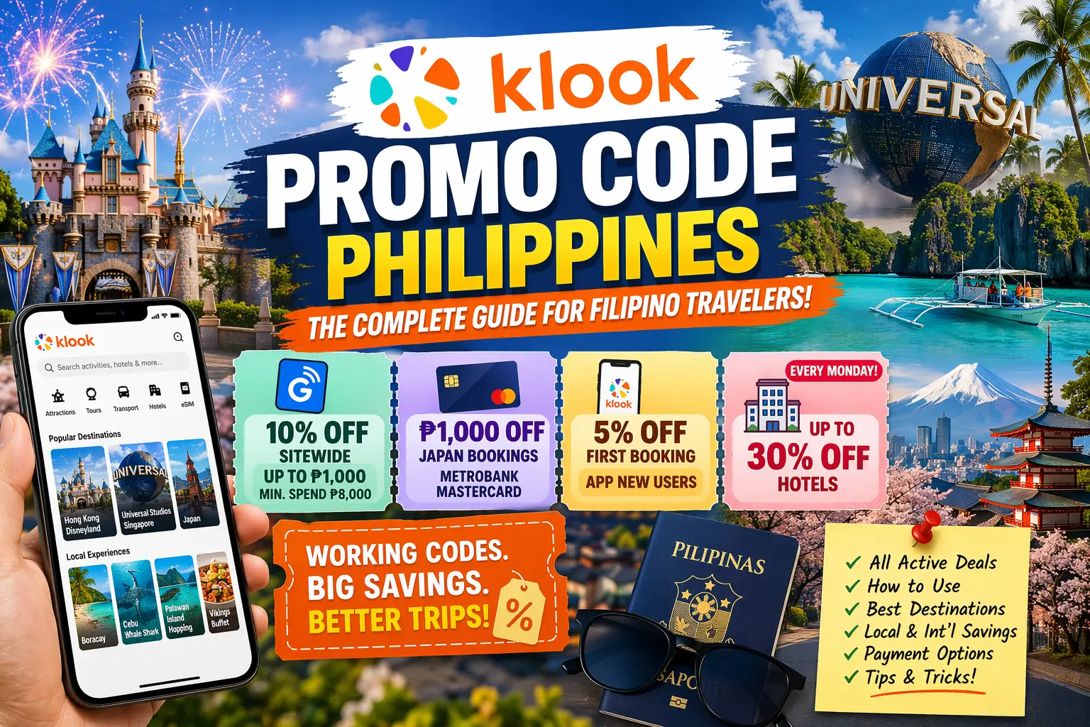 Klook promo code Philippines 2026 travel deals banner with discounts on hotels flights and bookings for Filipino travelers