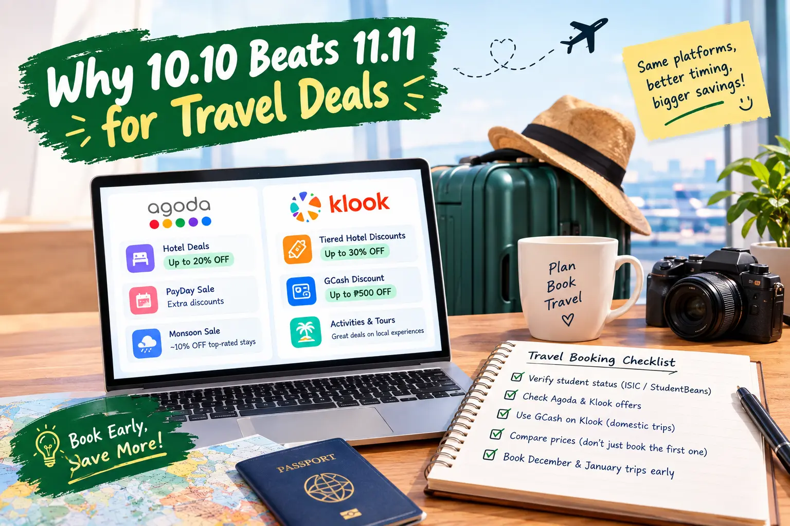 10.10 travel deals comparison for Agoda and Klook, with early booking tips and savings checklist.