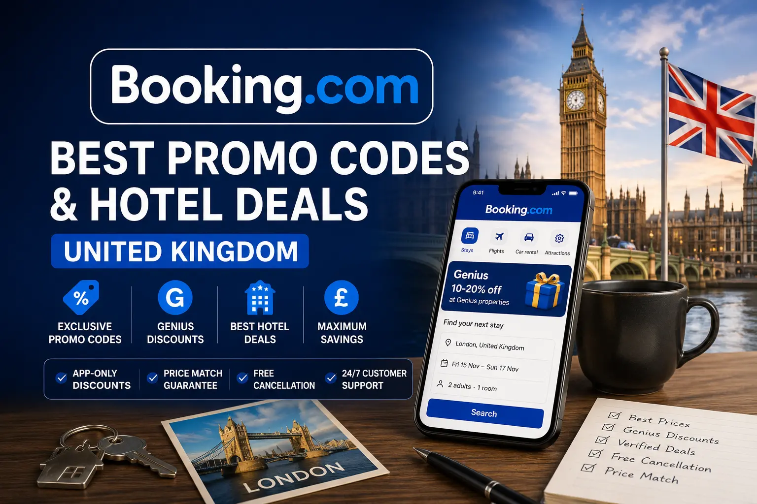 Booking.com Discount Code UK: Genius 20% Off, App-Only Rates Up to £50 Less, EARN10% Verified and Every Way to Pay Less for UK Hotels