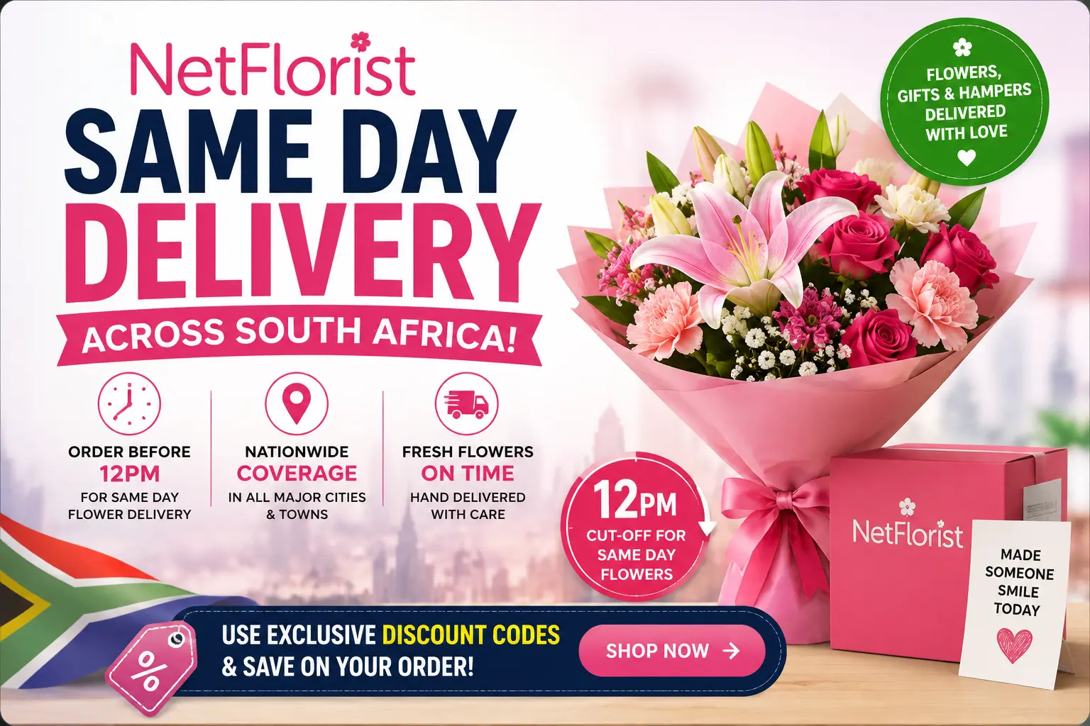 NetFlorist Same Day Delivery South Africa - Cut-Off Times, Cities and How to Get Flowers Delivered Today