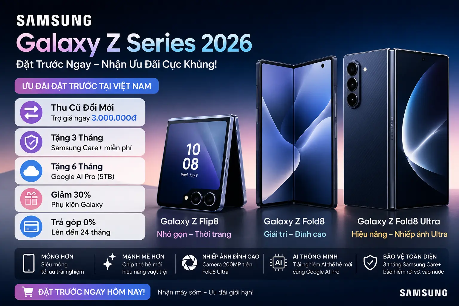 Đặt Trước Samsung Galaxy Z Fold8, Z Fold8 Ultra & Z Flip8 Tại Việt Nam: Ưu Đãi Khủng Đến 3 Triệu, Đừng Bỏ Lỡ!
